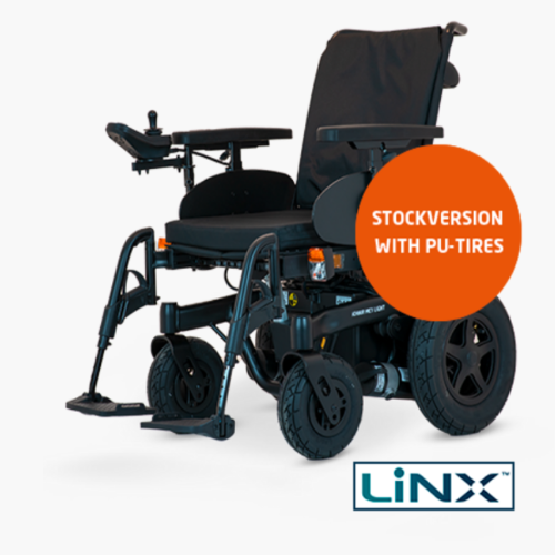 Black LINX electric power wheelchair with a high backrest, black wheels, and an orange circular badge that reads 'STOCKVERSION WITH PU-TIRES' on a white background.